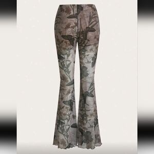 ROMWE Floral Sheer Mesh Flare Pants